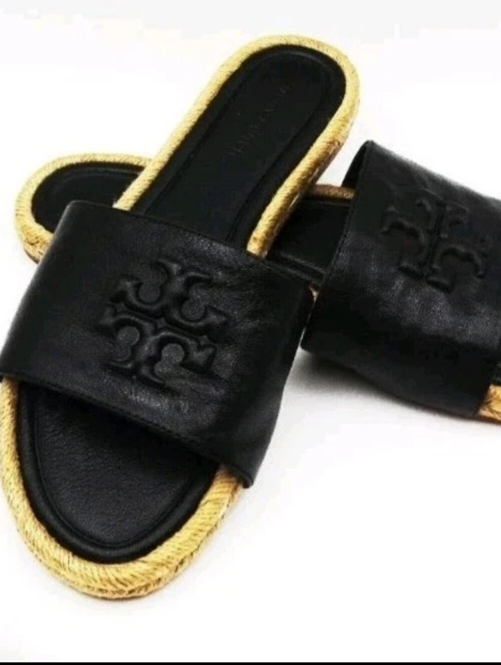 Tory Burch Everly Leather Espadrille Slide Sandals Women's Black Size 6